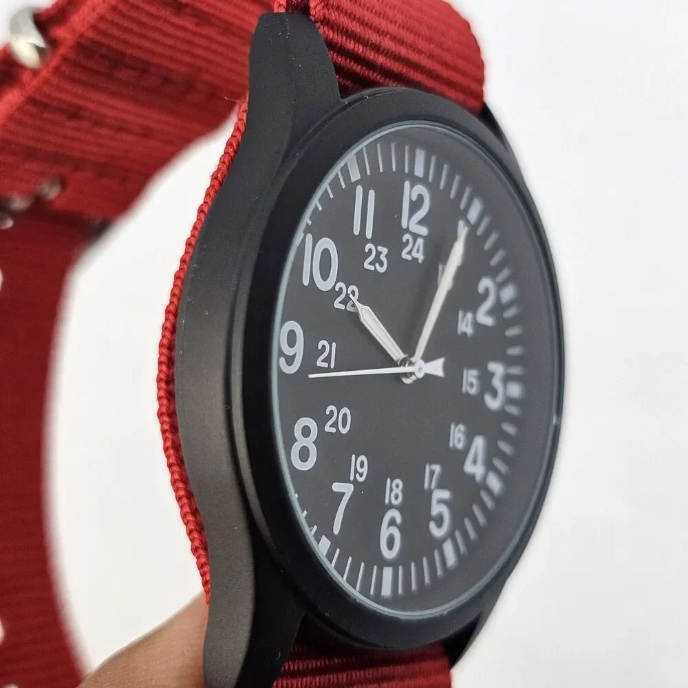 Men's Field Watch 42MM Black‎ Dial Black Case Red Canvas Band